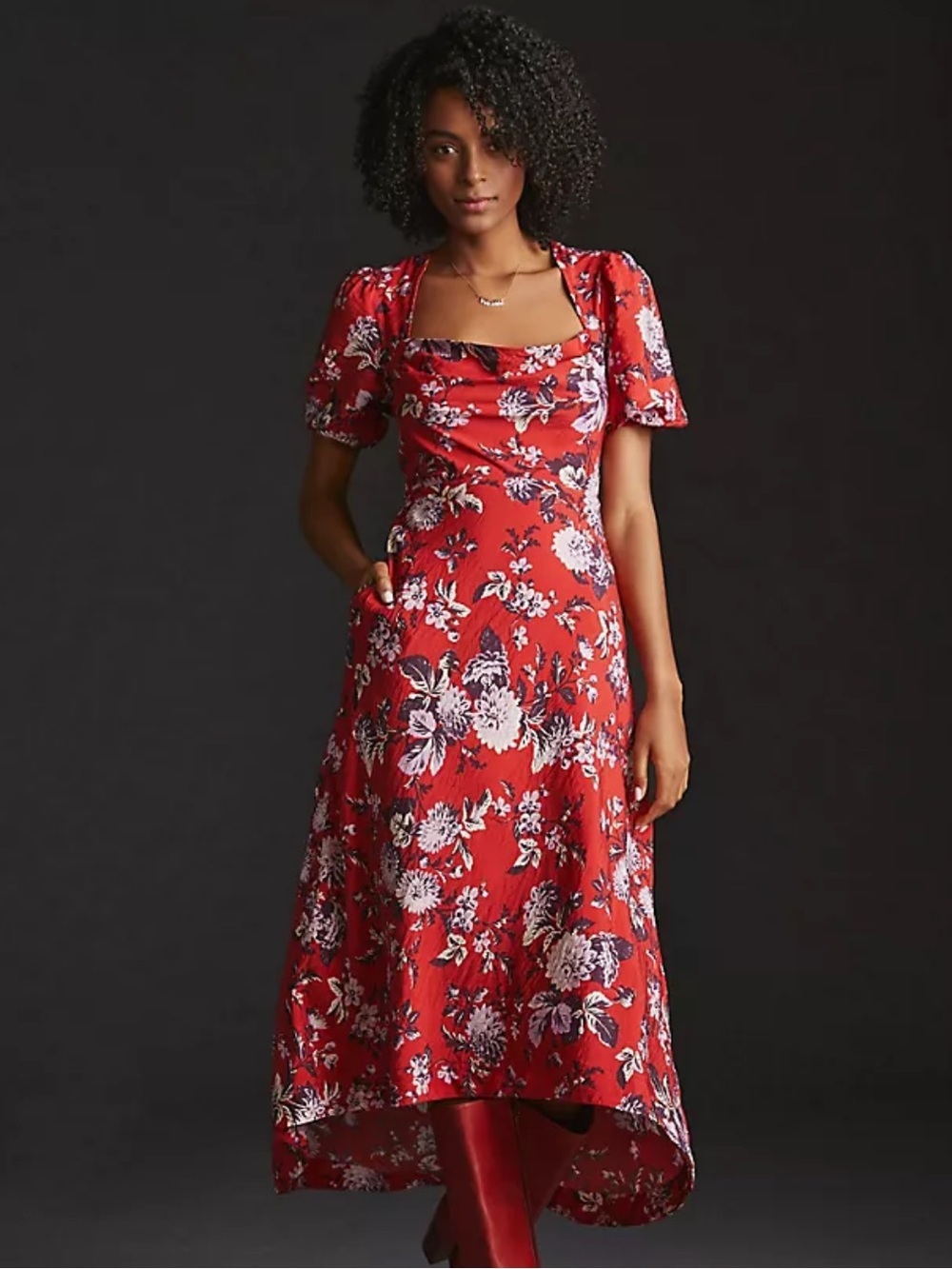 Anthropologie Maeve Floral Puff-Sleeve Midi Dress in Red & Lavender